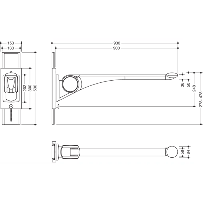 HEWI Hinged support rail Premium with height adjustment