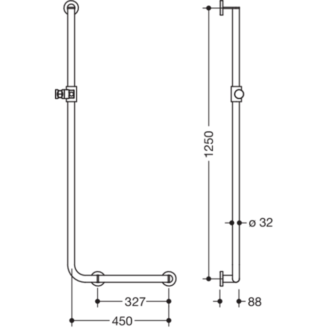 HEWI L-shaped support rail with shower head holder