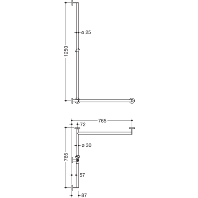 HEWI Shower grab rail with sideways adjustable vertical support bar and shower head holder