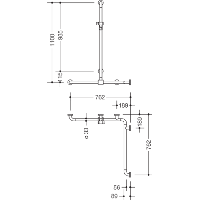 HEWI Rail with sideways adjustable vertical support bar and shower head holder incl. handheld shower and shower hose