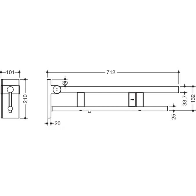 Stützklappgriff Duo, Design A, mit Spülauslösung (E-Ausführung), 700 mm, pulverbeschichtet, links, 900-50-14260