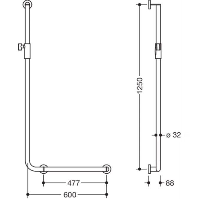 HEWI L-shaped support rail with magnetic shower head holder