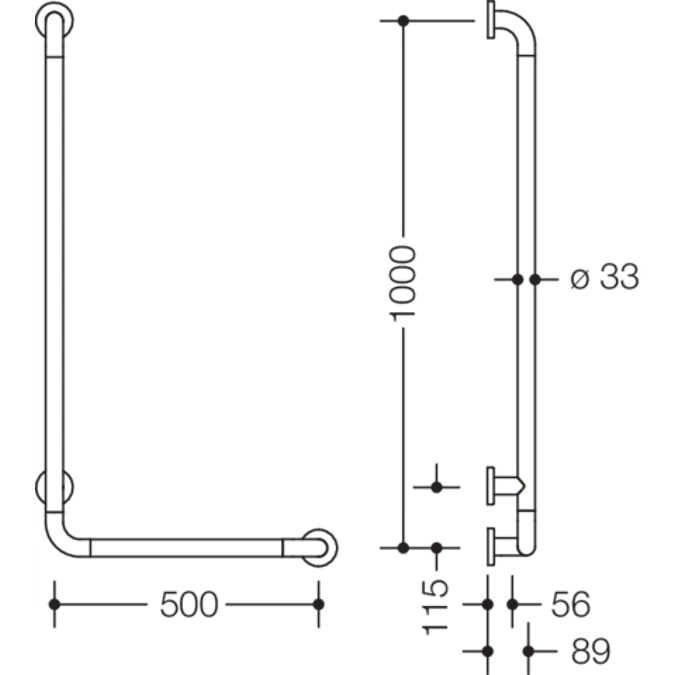 Winkelgriff WARM TOUCH, 1000 x 500 mm, 90°, chromoptisch beschichtet, Stahlkern, 801-22-14050
