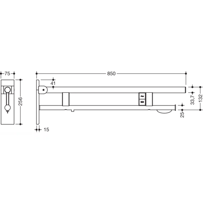 Stützklappgriff Duo, Design B, mit WC-Papierrollenhalter und Spül-/Funktionstaste (E-Ausführung), 850 mm, Edelstahl, matt geschliffen, links, 900-50-193XA