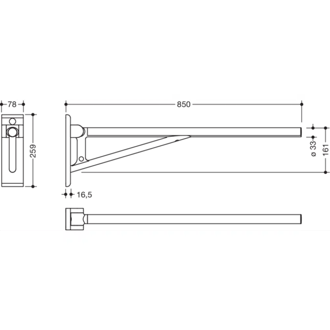 Stützklappgriff, 850 mm, Oberholm Edelstahlschliff-Optik, Ausleger Kunststoff matt, 900-50B218XA