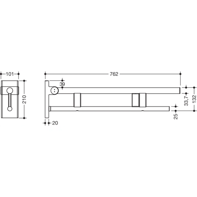 Stützklappgriff Duo, Design A, mit Spülauslösung (Funk), 750 mm, Chrom, rechts, 900-50-12340