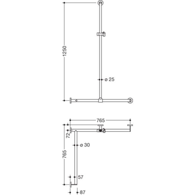 HEWI Shower grab rail with sideways adjustable vertical support bar and shower head holder