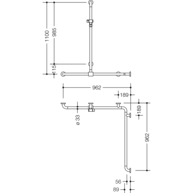 HEWI Shower grab rail with sideways adjustable vertical support bar and shower head holder