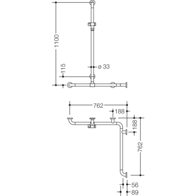 HEWI Shower grab rail with sideways adjustable vertical support bar and shower head holder WARM TOUCH