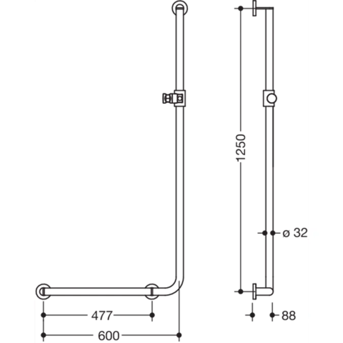 Winkelgriff mit Brausehalter, 1250 x 600 mm, links, Ø32,  Edelstahl, matt geschliffen, Brausehalter aus matten Polyamid, 900-33-203XA