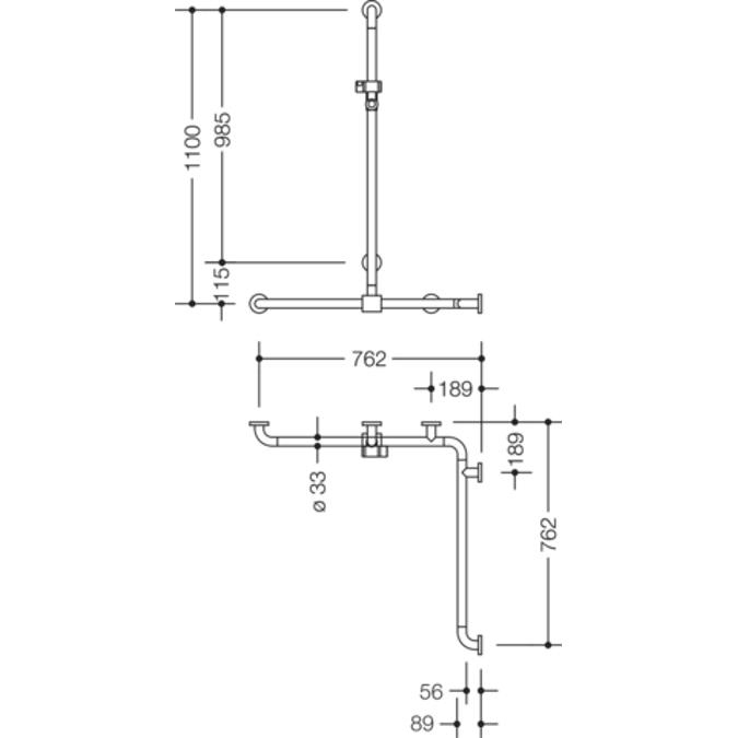 HEWI Rail with sideways adjustable vertical support bar and shower head holder incl. handheld shower and shower hose