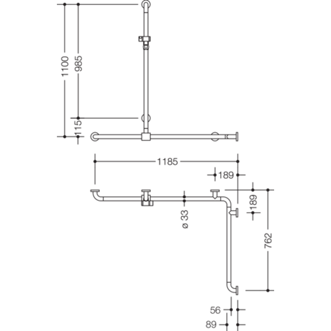 HEWI Shower grab rail with sideways adjustable vertical support bar and shower head holder