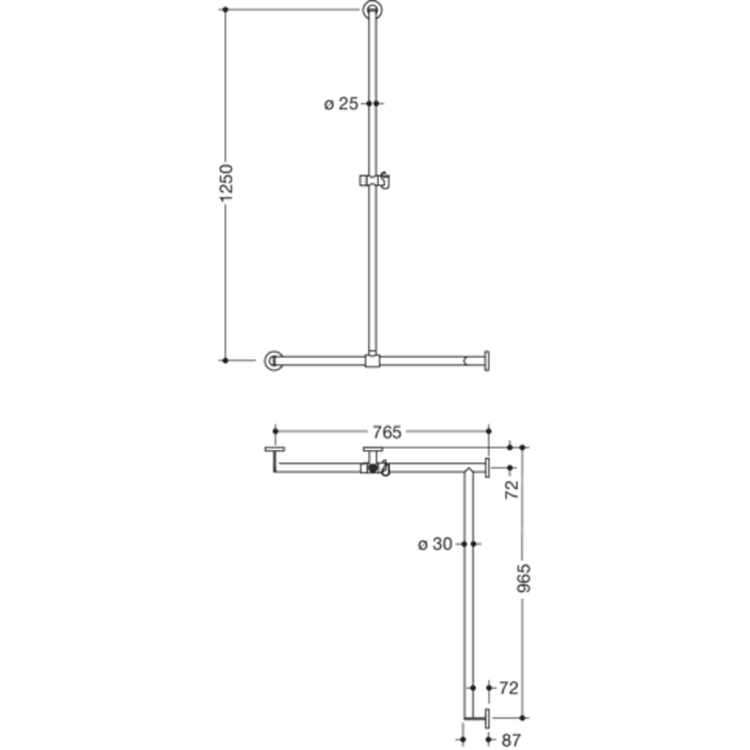 HEWI Shower grab rail with sideways adjustable vertical support bar and shower head holder