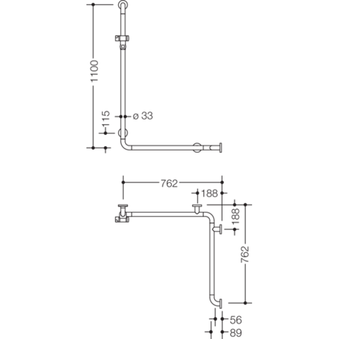 HEWI Rail with vertical support bar and shower head holder WARM TOUCH