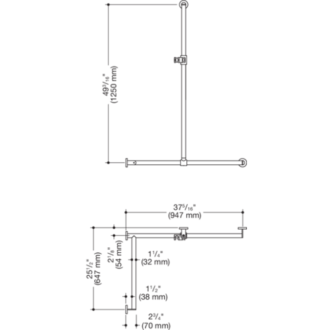 Duschhandlauf mit verschiebbarer Brausehalterstange (ADA), 49 3/16" x 37 5/16" x 25 1/2" (1250 x 947 x 647 mm), links, Ø32, pulverbeschichtet, Brausehalter aus matten Polyamid, 900-35-36360