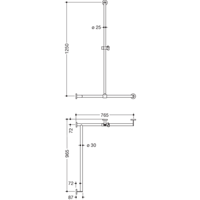 Duschhandlauf mit verschiebbarer Brausehalterstange, 1250 x 765 x 965 mm, links, Ø25/30, Chrom, 900-35-33740