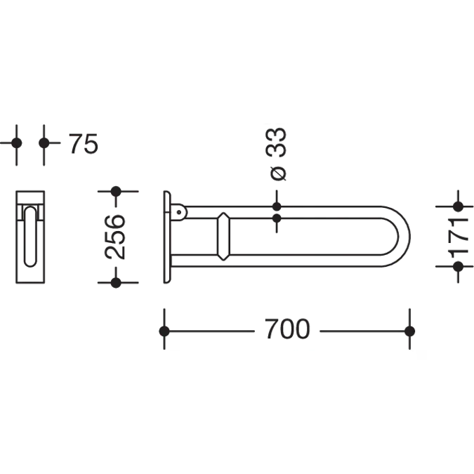 Hinged support rail, Wall mounting plate with stainless steel cover, 700 mm projection, 805-50-210