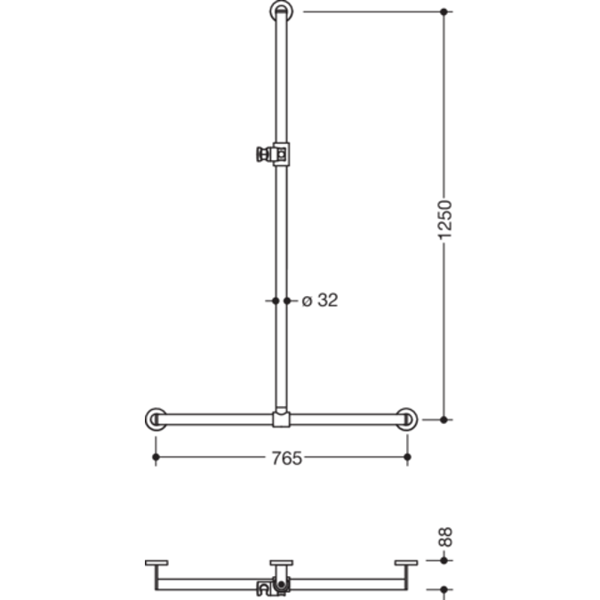 HEWI Shower grab rail with sideways adjustable vertical support bar and shower head holder