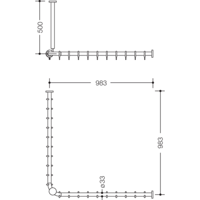 Shower curtain rail with ceiling support, for shower 1000 x 1000 mmwith aluminum core, 801-34-1061