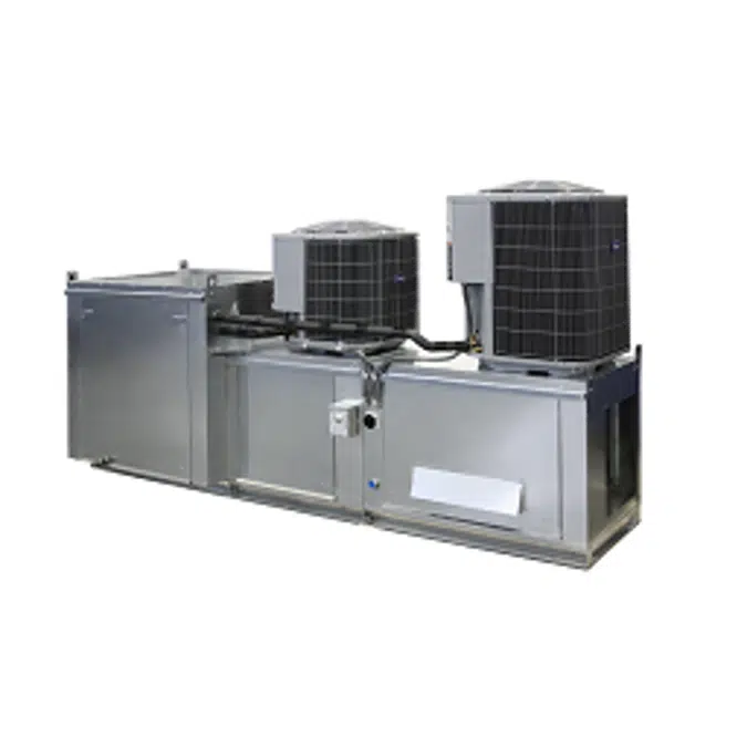 Modular Side/Down Discharge Direct Fired Heater Packaged Unit with Cooling Coil, Evaporative Cooling Intake and V-Bank