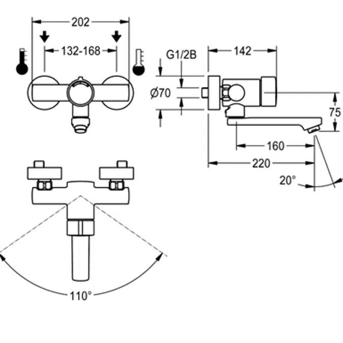 F3S-Mix self-closing wall-mounted mixer F3SM1004