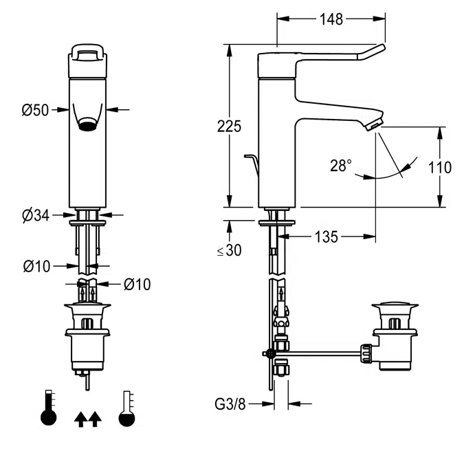 Thermostatic single-lever pillar mixer with pop-up waste set F4LT1009