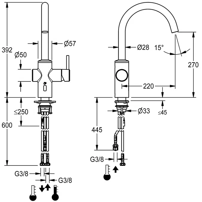 Hybrid kitchen fitting for hot water heater F5LME002