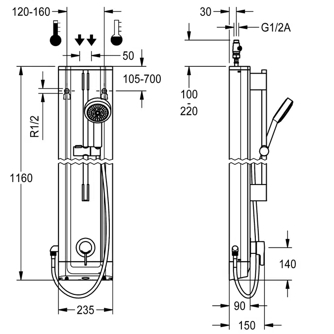 Stainless steel shower panel with hand shower fitting F5LT2021