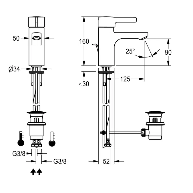 Thermostatic single-lever pillar mixer with pop-up waste F5LT1003