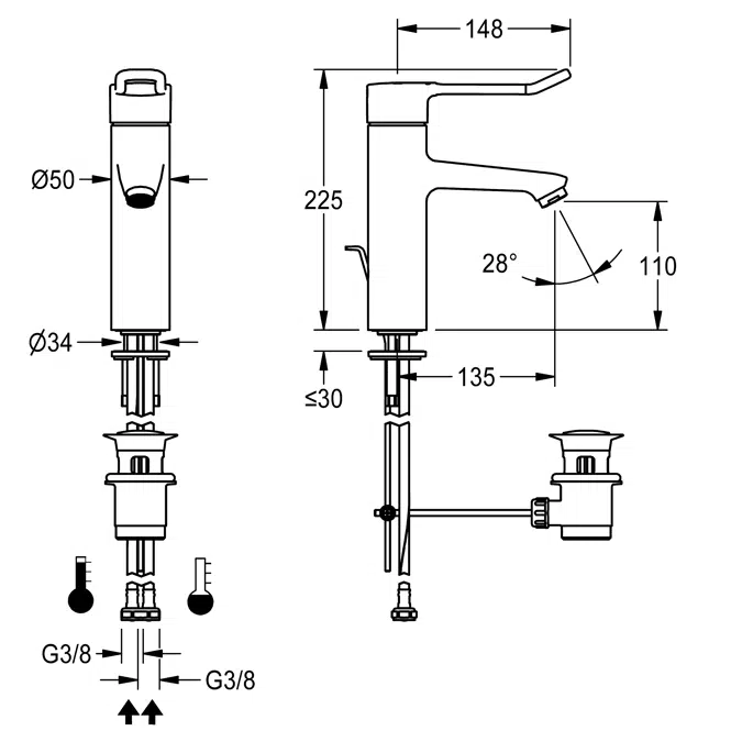 Thermostatic single-lever pillar mixer with pop-up waste set F4LT1003