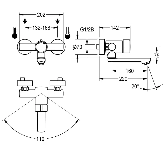 F3S-Mix self-closing wall-mounted mixer F3SM1007