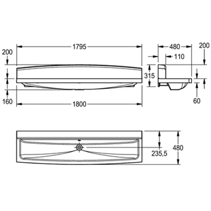 Wash trough with rear wall MIRANIT SOLX1800SB