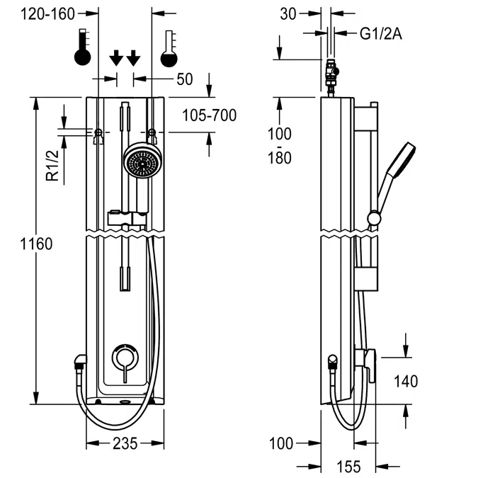 BIM object Showers F5L Mix shower panel made of MIRANIT with hand