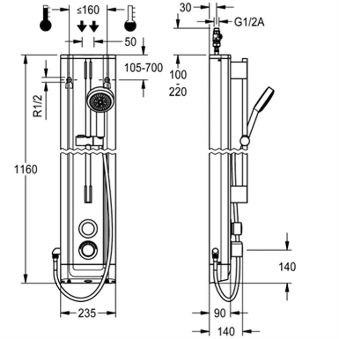 F5S Therm stainless steel shower panel with hand shower fitting F5ST2021