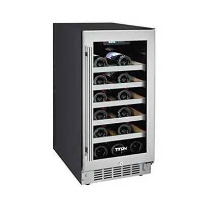 afbeelding voor Titan 15 inch 25 Bottles, Built in, Single Zone Wine Cooler, Roller Glide Wooden Shelves, Seamless Stainless Steel Door, Temp Memory, Door Open& High Temp Alarm