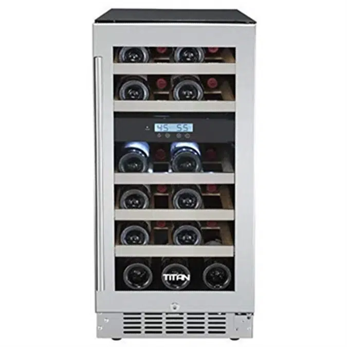 Titan 15 inch 23 Bottle, Seamless Stainless Steel Door, Built in Dual Zone Wine Cooler, Roller Glide Wooden Shelves, Temp Memory, Door-Left-Open&High Temp Alarm