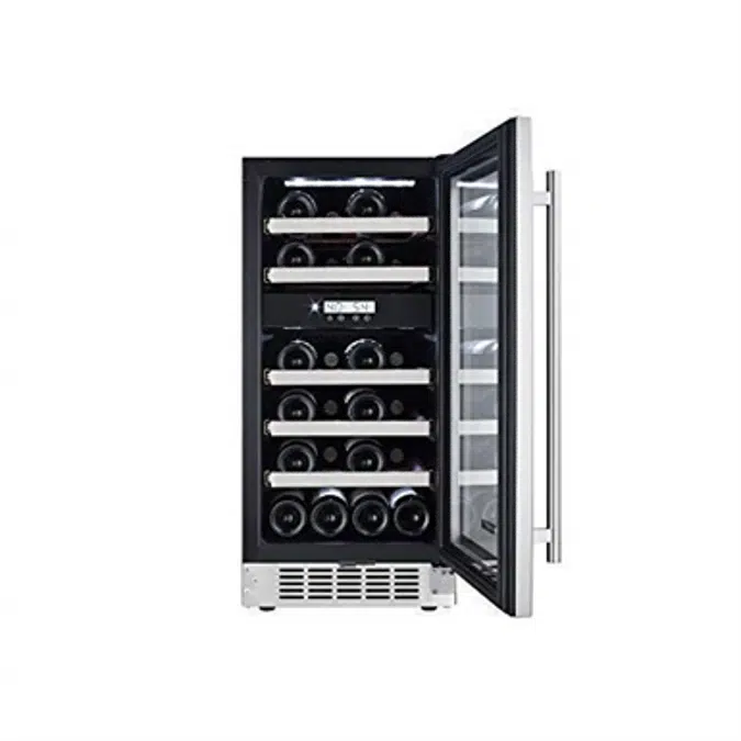 Titan 15 inch 23 Bottle, Seamless Stainless Steel Door, Built in Dual Zone Wine Cooler, Roller Glide Wooden Shelves, Temp Memory, Door-Left-Open&High Temp Alarm