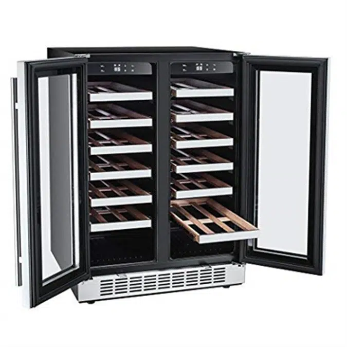 Titan 24 inch 42-Bottle Built in Dual Zone Dual Door Wine Cooler, Roller Glide Roomy Wooden Shelves, Seamless Stainless Steel Door, Temp Memory Function, Door-Left-Open Alarm&High Temp Alarm