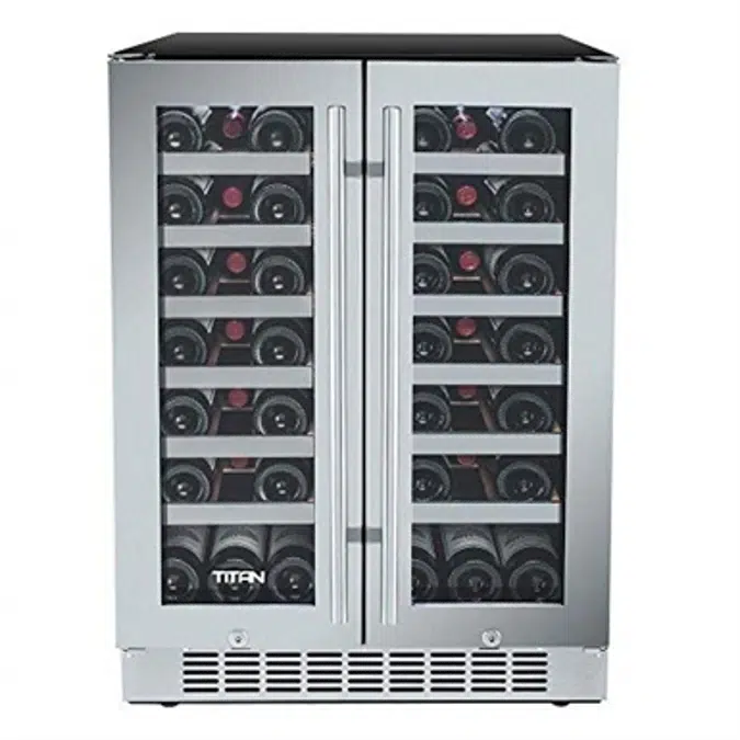 Titan 24 inch 42-Bottle Built in Dual Zone Dual Door Wine Cooler, Roller Glide Roomy Wooden Shelves, Seamless Stainless Steel Door, Temp Memory Function, Door-Left-Open Alarm&High Temp Alarm