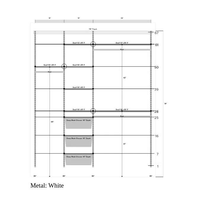 Décor+ by Elfa Closet- Drawers, Solid or Wire w/Trim Shelves, Long Hang and Double hang