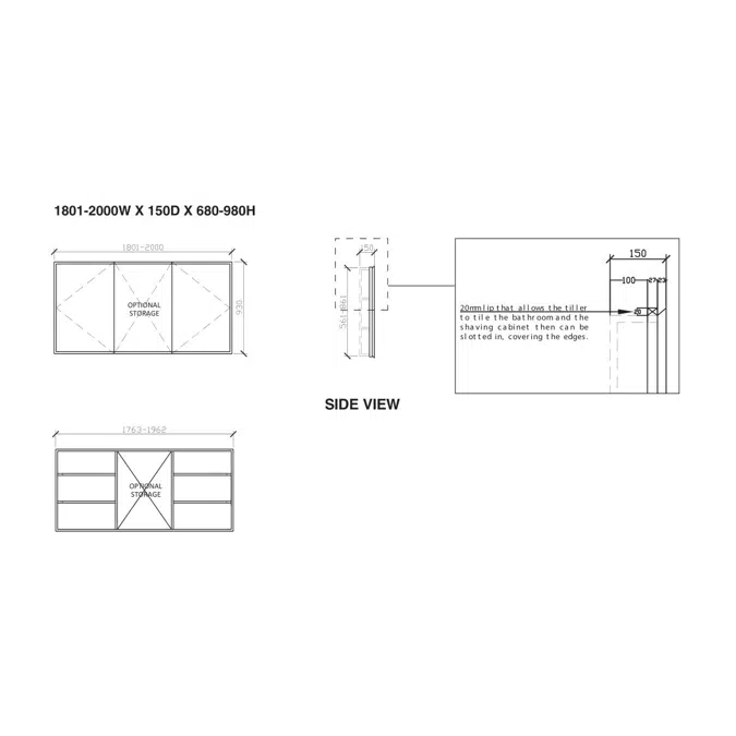 ISSY Z8 1801mm - 2000mm x 150mm x 680mm - 980mm Recessed Custom Triple Shaving Cabinet