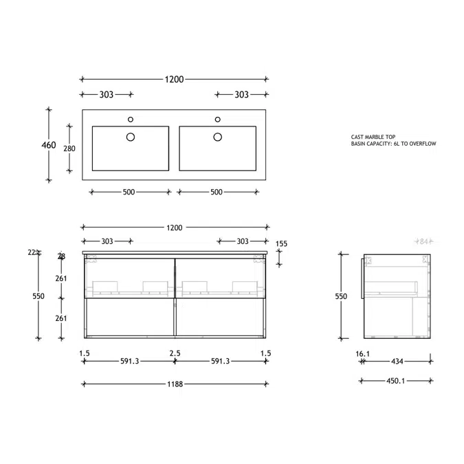 Posh Domaine Open Shelf All-Drawer 1200mm Double Bowl Wall Hung Vanity Cast Marble Top