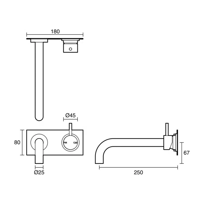 Sussex Scala 25mm Curved Bath Mixer Tap Outlet System Right Hand 250mm Outlet LUX PVD Brushed Platinum Gold