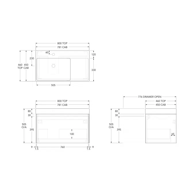 Roca Ona Vanity All Drawer Single Left Hand Bowl 800mm Dark Elm