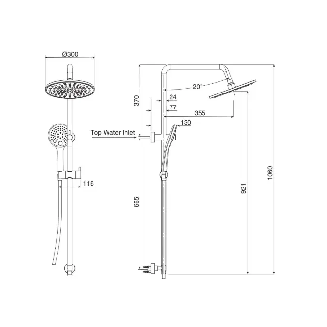 Mizu Drift Twin Rail Shower with 300mm Brass Overhead and Top Rail Water Inlet Brushed Bronze (3 Star)