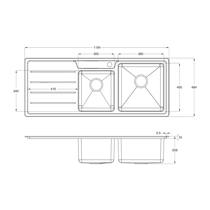 Memo Hugo 1 & 3/4 Bowl Sink 1 Taphole Right Hand Bowl with Drainer Stainless Steel V2