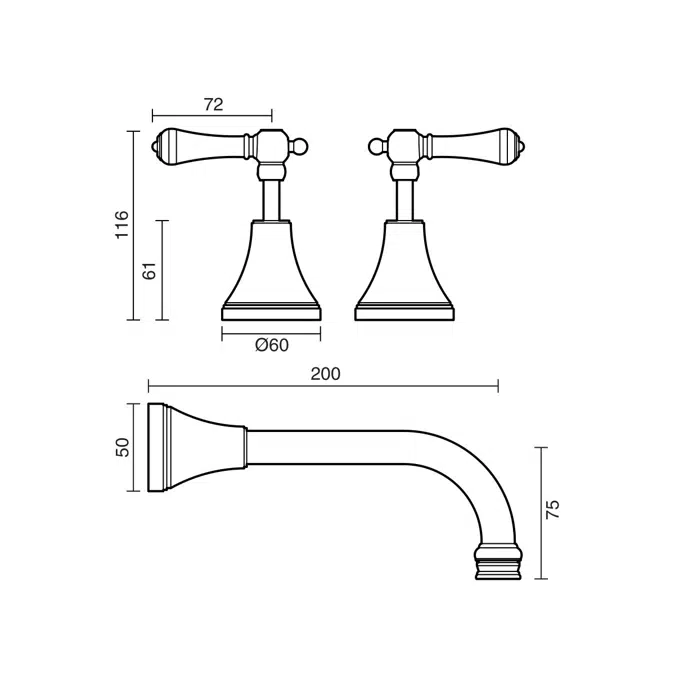 Kado Era Wall Bath Set 200mm Lever Porcelain Handle Brushed Nickel