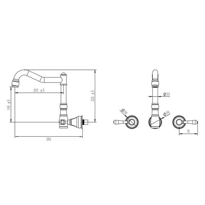 Milli Voir Wall English Sink Set Lever Handles Matte Black (4 star)
