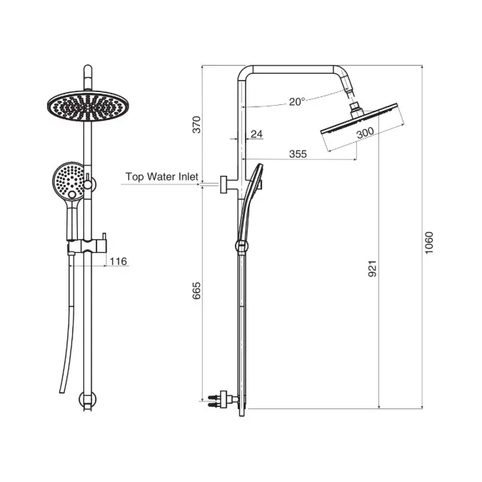 Mizu Drift Twin Rail Shower with 300 Brass Overhead with Top Rail Water Inlet Matte Black (3 Star)