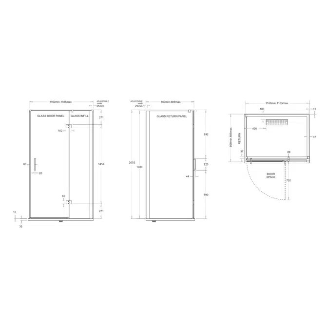 Posh Domaine MK2 1200x900 Semi Frameless Left Hand Entry Base & Screen Only Shower System